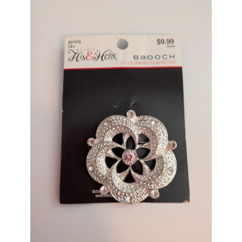 His & hers studio brooch silver rhinestone 2in